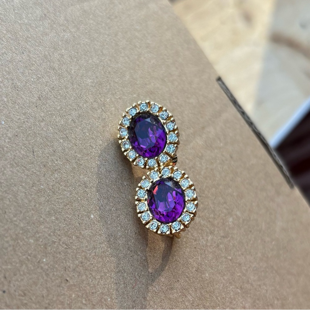 Christian Dior Amethyst Gold Plated Clip On Earrings Authentic Vintage - Picture 3 of 13